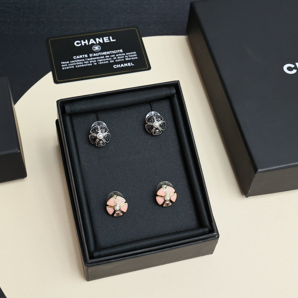 Chanel earring set in box: pale pink and silver-tone floral pearl stud earrings