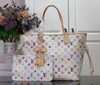 Designer tote bag with multicolor monogram print, beige leather handles and straps