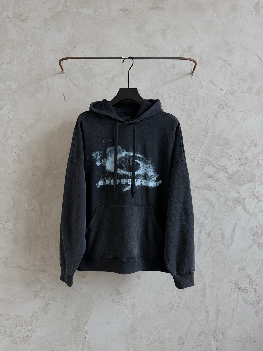 Balenciaga long sleeve hoodie with hood, drawstrings, and large white graphic print, dark gray
