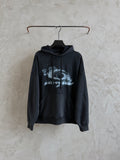 Balenciaga long sleeve hoodie with hood, drawstrings, and large white graphic print, dark gray