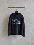 Balenciaga long sleeve hoodie with hood, drawstrings, and large white graphic print, dark gray