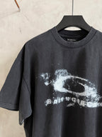 Balenciaga T-shirt with white graphic print on dark gray, crewneck, short sleeves.