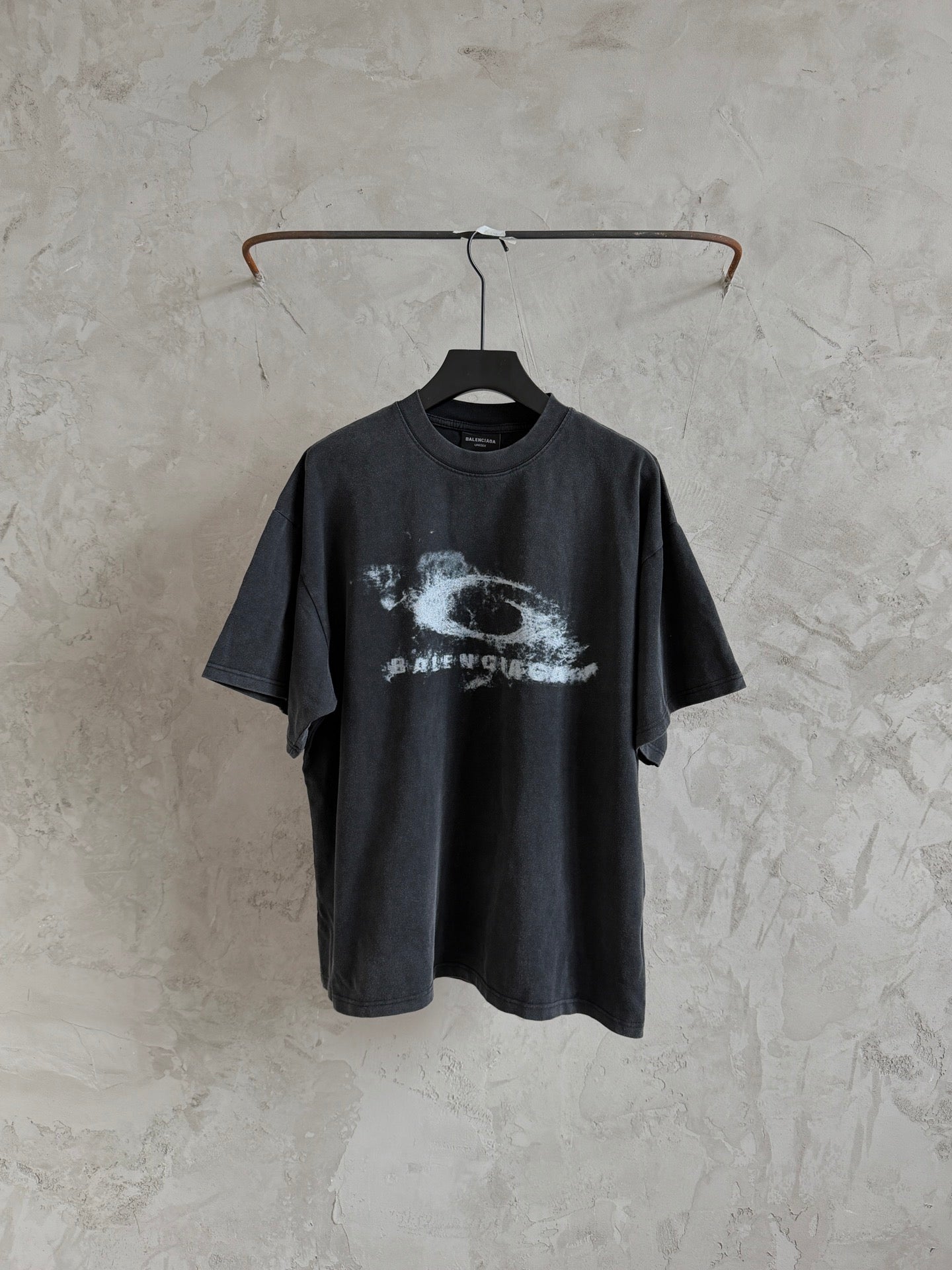 Balenciaga T-shirt in dark gray with white graphic print, crewneck, short sleeves.