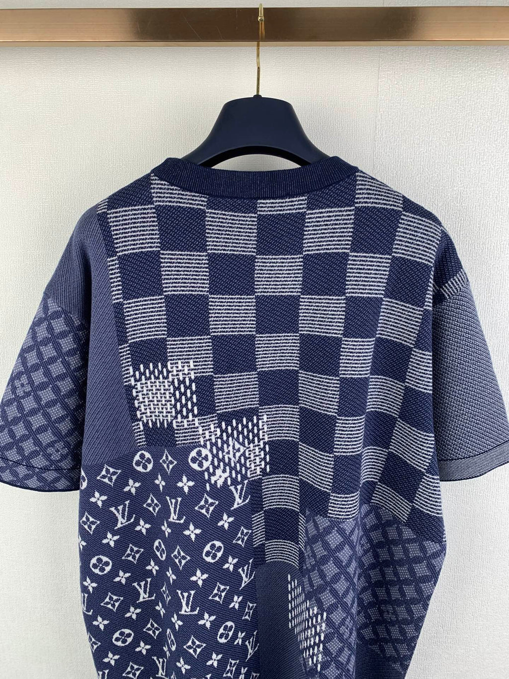 Navy and white short-sleeve shirt with check pattern and LV monogram print