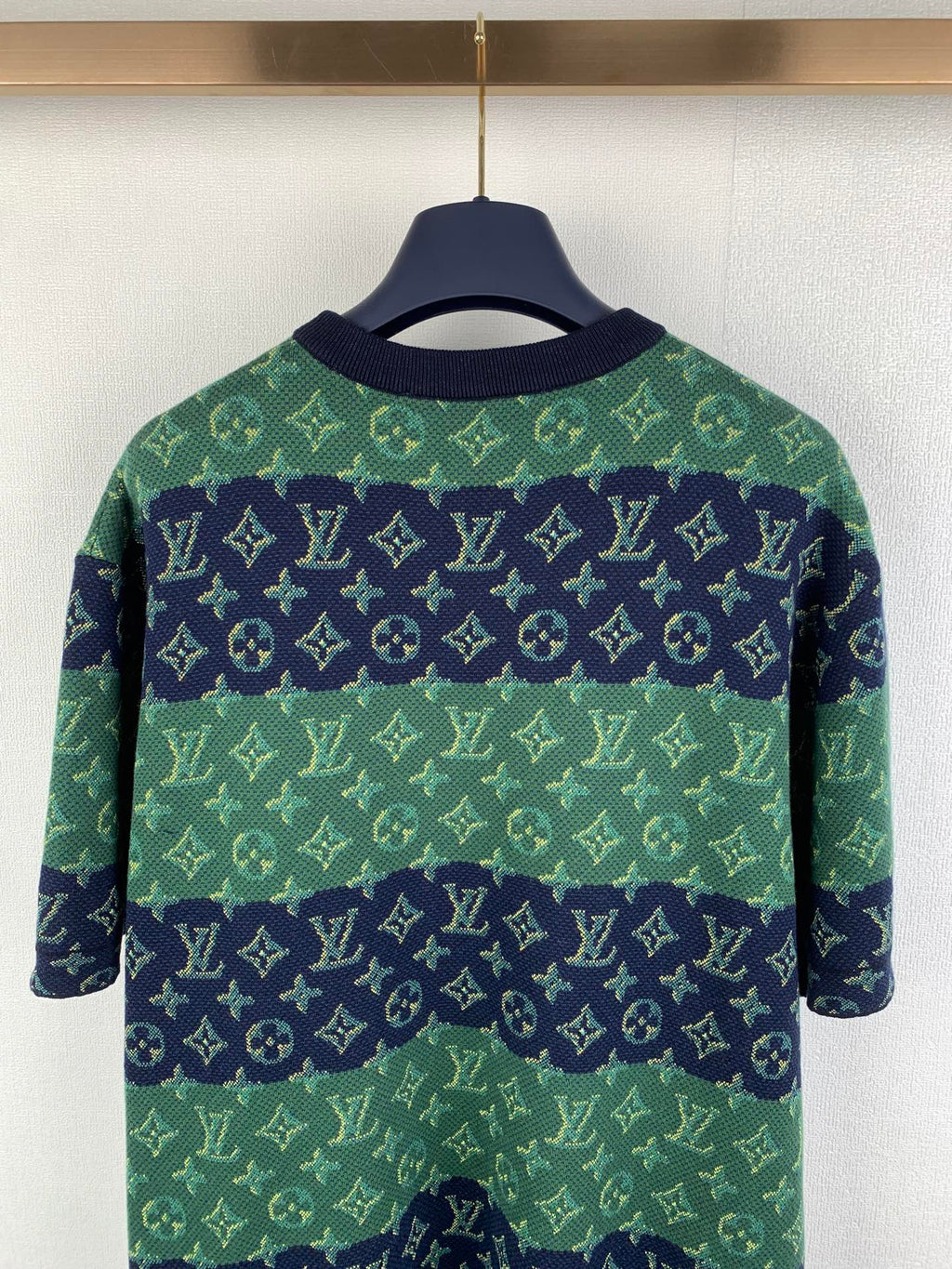 Louis Vuitton knit T-shirt upper back, green and navy monogram pattern, ribbed crew neck.