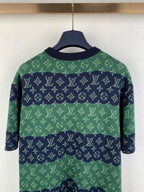 Louis Vuitton knit T-shirt upper back, green and navy monogram pattern, ribbed crew neck.