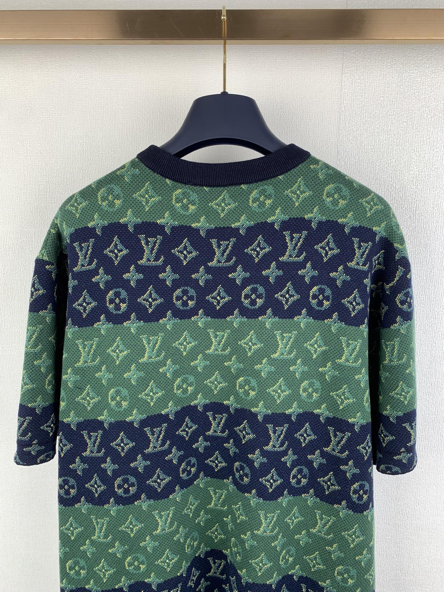 Louis Vuitton knit T-shirt upper back, green and navy monogram pattern, ribbed crew neck.