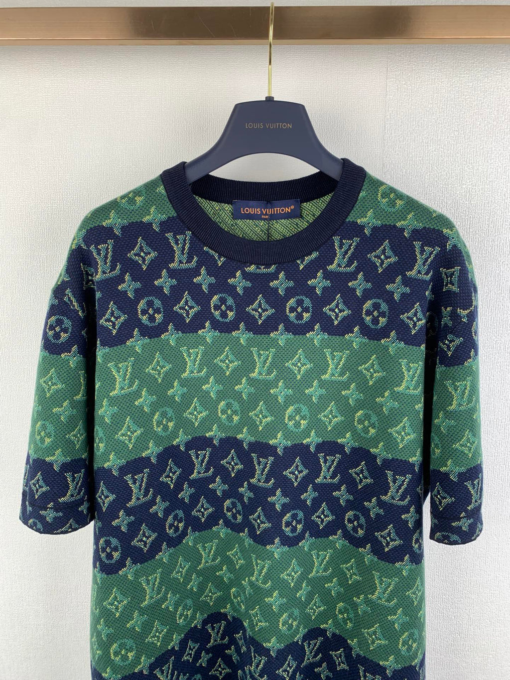 Louis Vuitton knit T-shirt with green and navy monogram bands, long short sleeves.