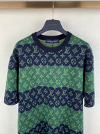Louis Vuitton knit T-shirt with green and navy monogram bands, long short sleeves.