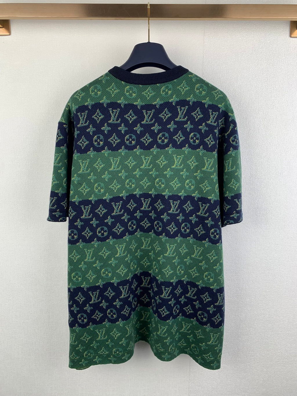 Louis Vuitton knit T-shirt back view, green and navy monogram pattern, short sleeves.