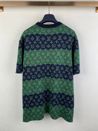 Louis Vuitton knit T-shirt back view, green and navy monogram pattern, short sleeves.