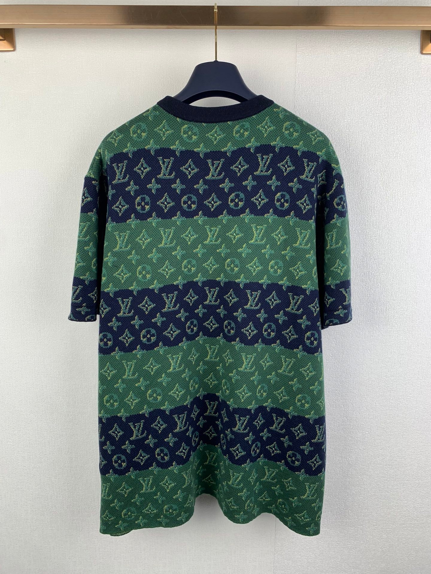 Louis Vuitton knit T-shirt back view, green and navy monogram pattern, short sleeves.