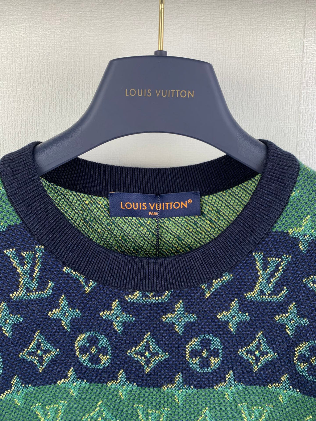 Louis Vuitton knit T-shirt ribbed crew neck with green and navy monogram pattern.