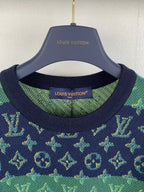 Louis Vuitton knit T-shirt ribbed crew neck with green and navy monogram pattern.