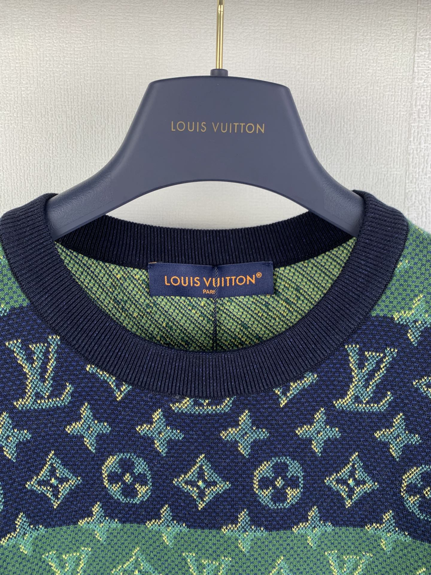 Louis Vuitton knit T-shirt ribbed crew neck with green and navy monogram pattern.