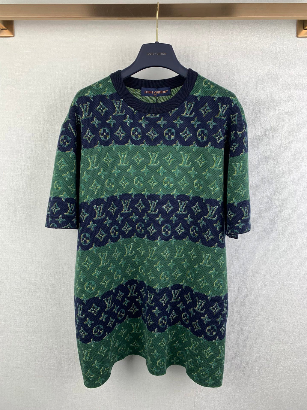 Louis Vuitton knit T-shirt, green and navy monogram pattern, short sleeves.