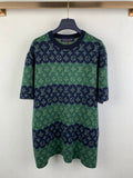 Louis Vuitton knit T-shirt, green and navy monogram pattern, short sleeves.