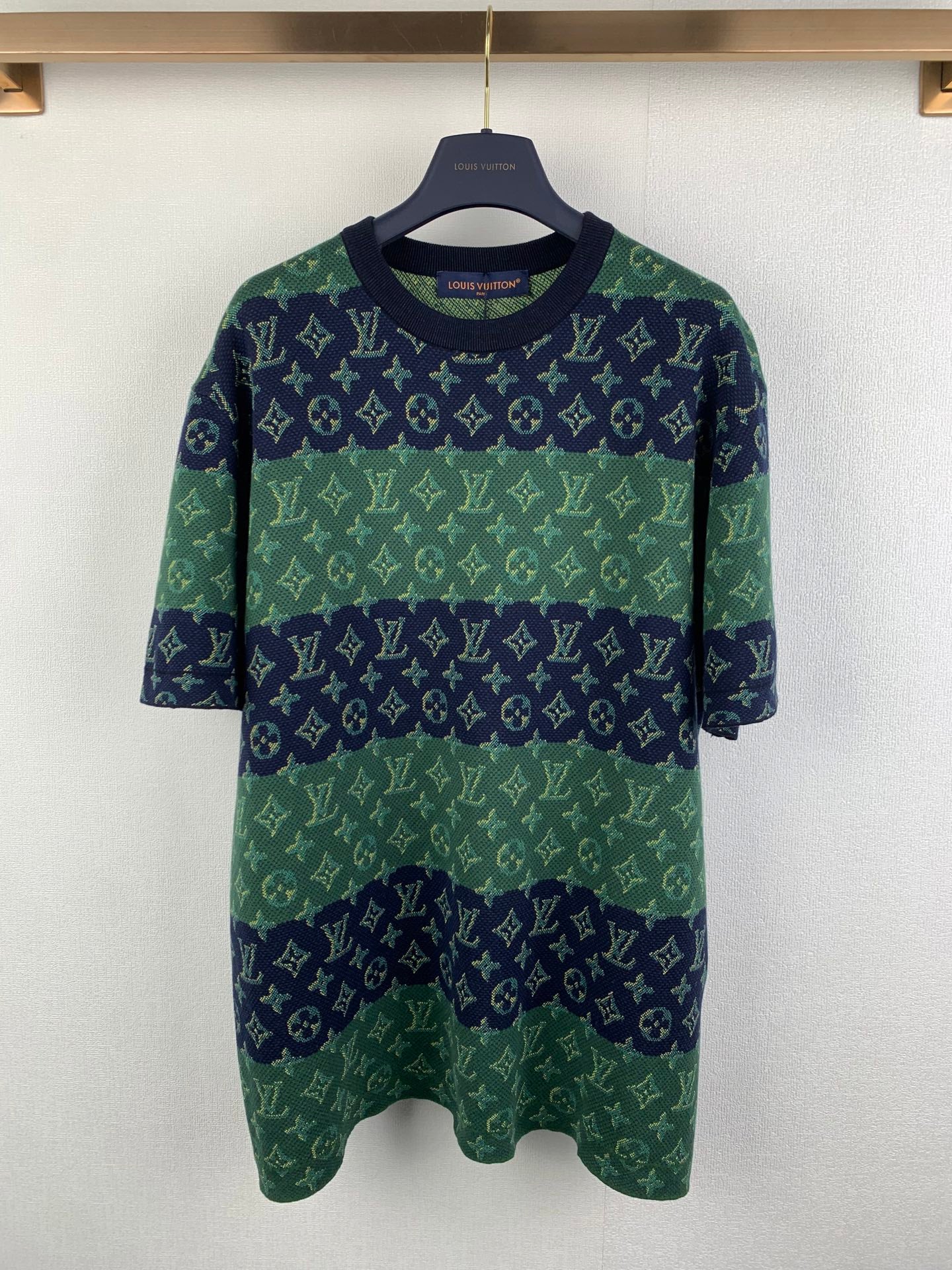 Louis Vuitton knit T-shirt, green and navy monogram pattern, short sleeves.