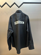 Balenciaga long-sleeve button-up shirt, dark back with white logo print