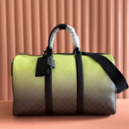 Two-tone duffel bag with lime green canvas and black leather trim, top handles