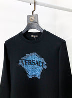 Black Versace crewneck sweatshirt front with blue Versace text emblem