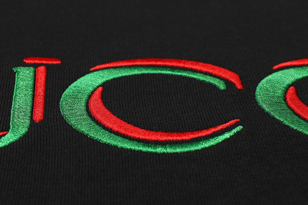 Black T-shirt with green-and-red Gucci logo detail