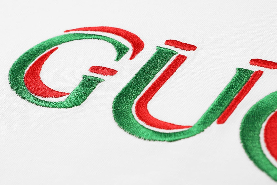 White T-shirt with embroidered green and red Gucci logo letters