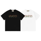 Black and white short-sleeve T-shirts with multicolor Gucci logo on the chest