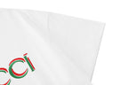 White T-shirt sleeve with partial Gucci logo embroidery