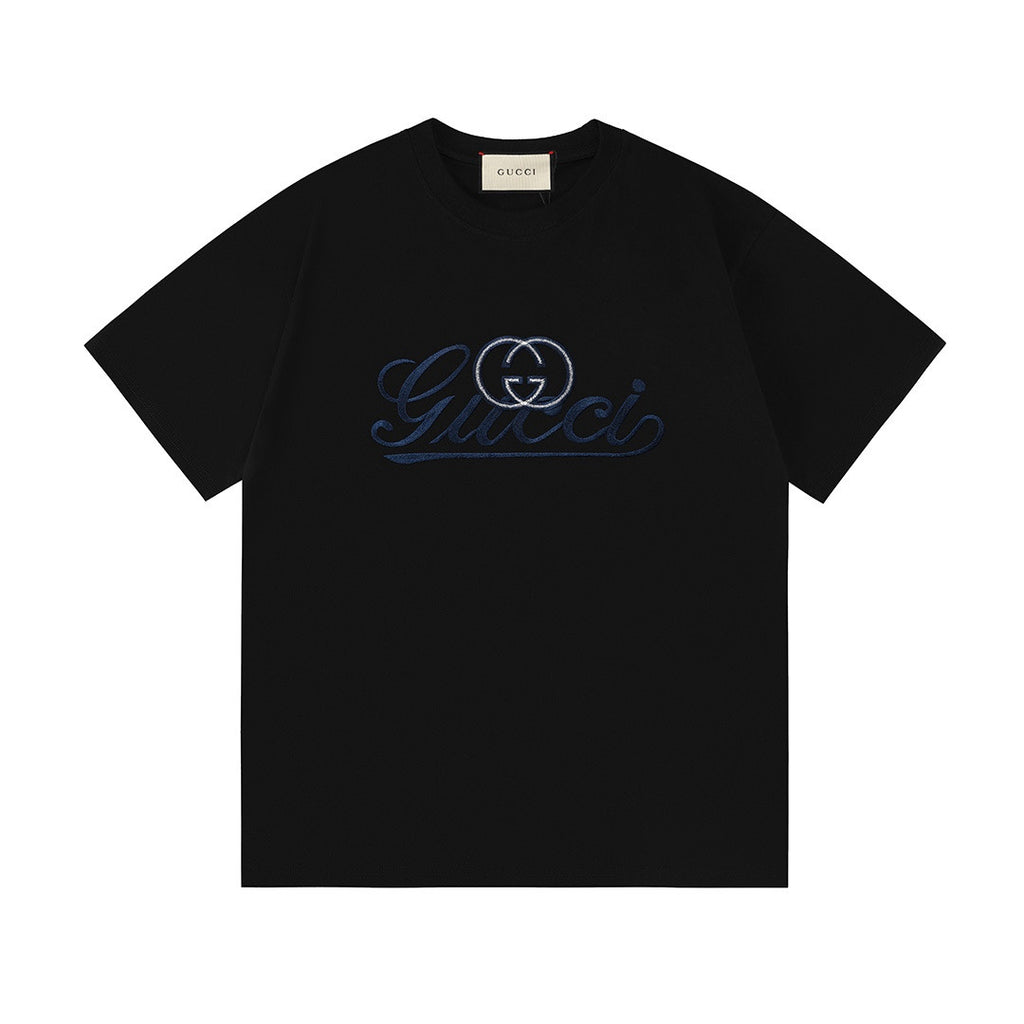 Black crewneck T-shirt with blue Gucci logo embroidery on chest