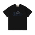 Black crewneck T-shirt with blue Gucci logo embroidery on chest
