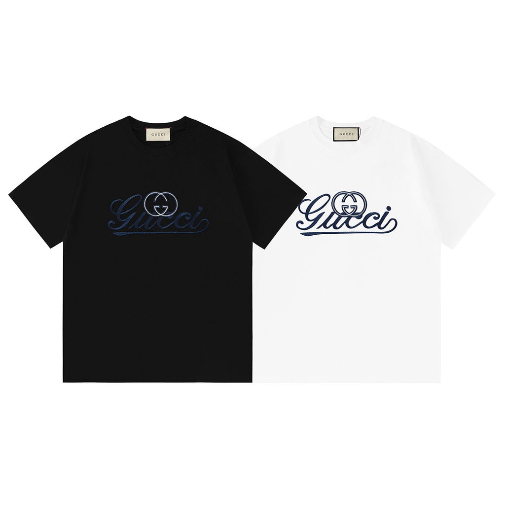 Crewneck T-shirt set: black and white, each with blue Gucci logo