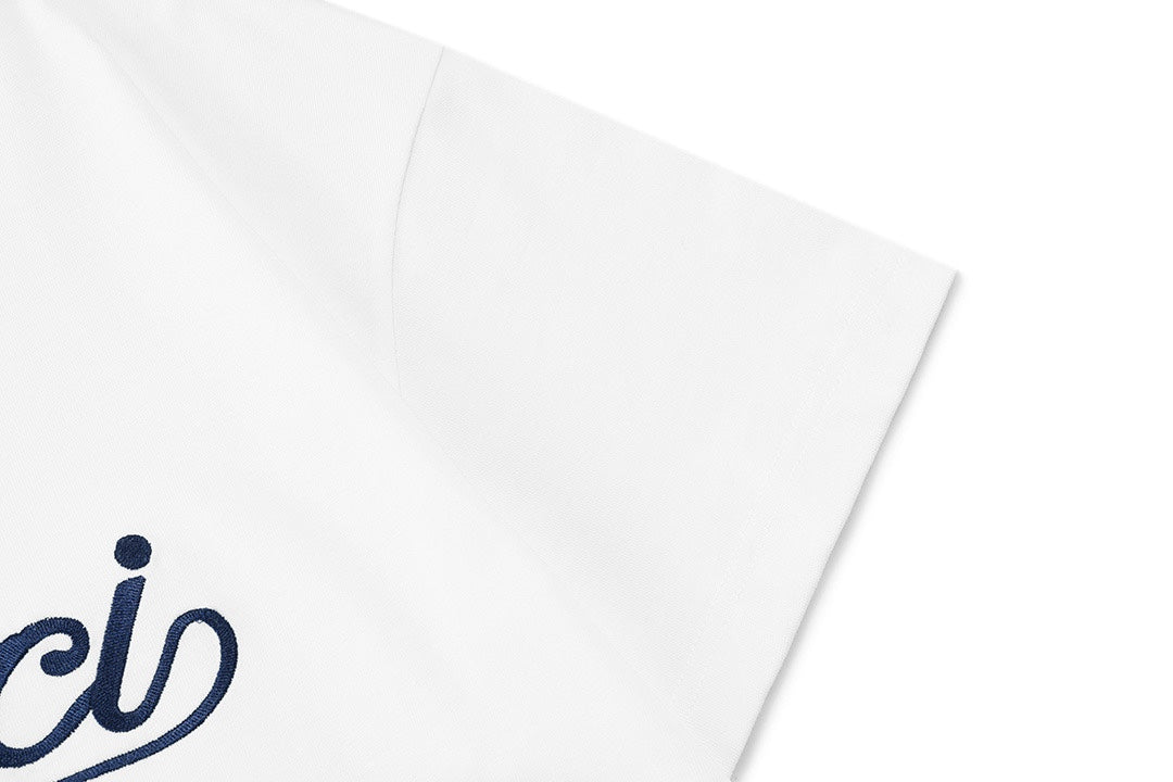 Gucci T-shirt sleeve in white with partial blue logo