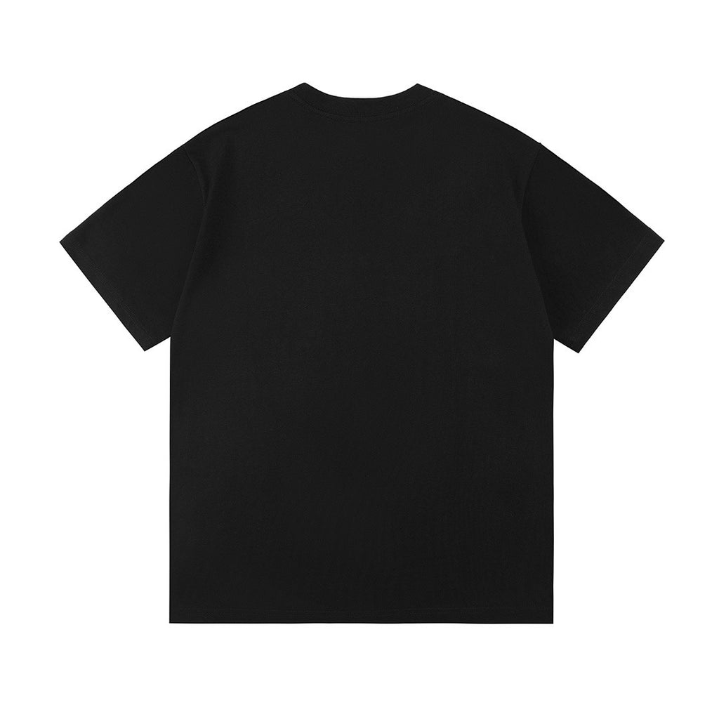 Black short-sleeve T-shirt back view, crew neck, no visible graphics
