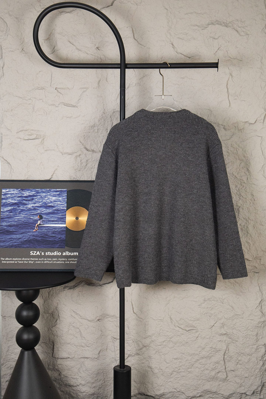 Long-sleeve knit sweater, dark gray, back view