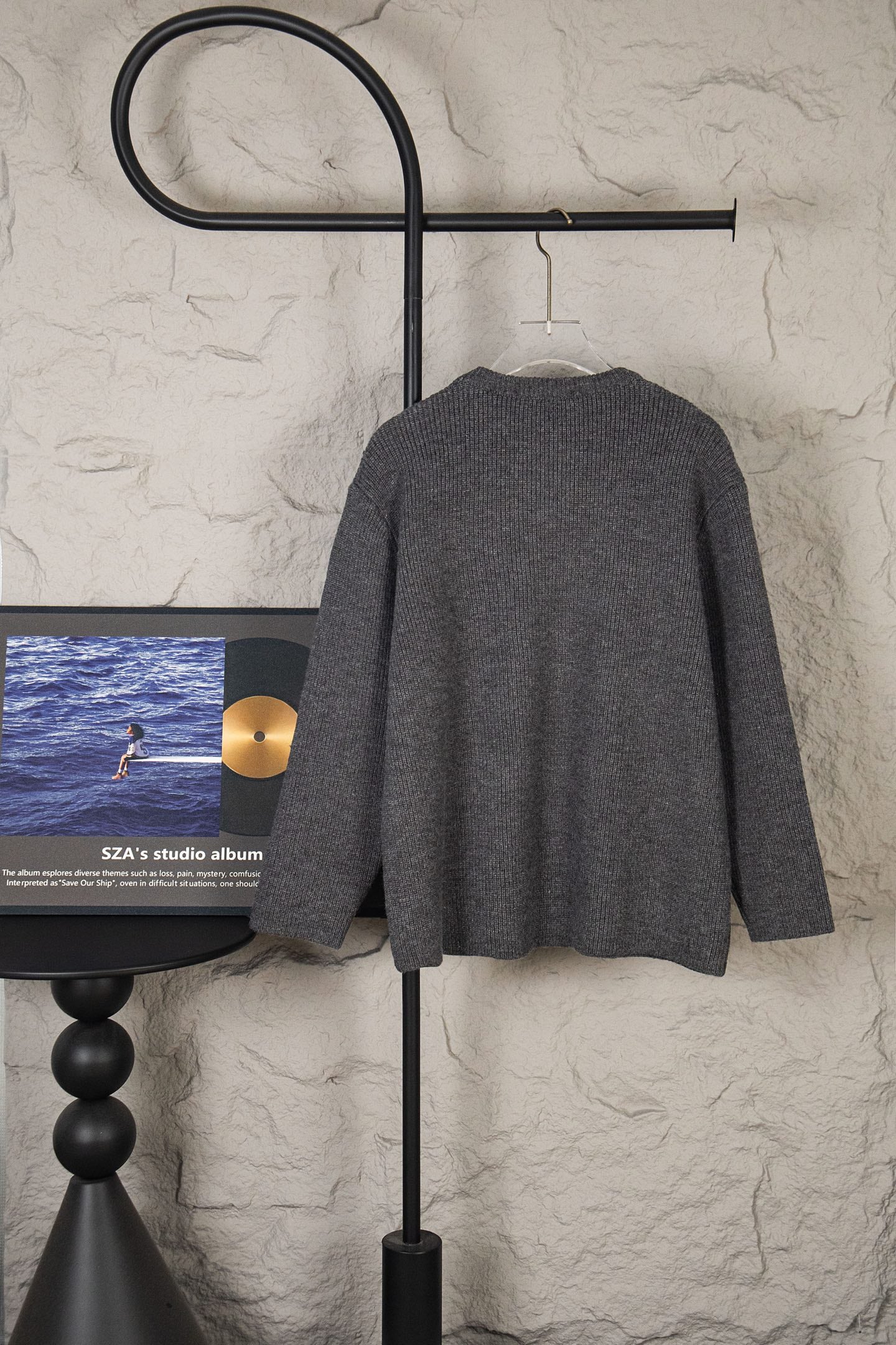 Long-sleeve knit sweater, dark gray, back view