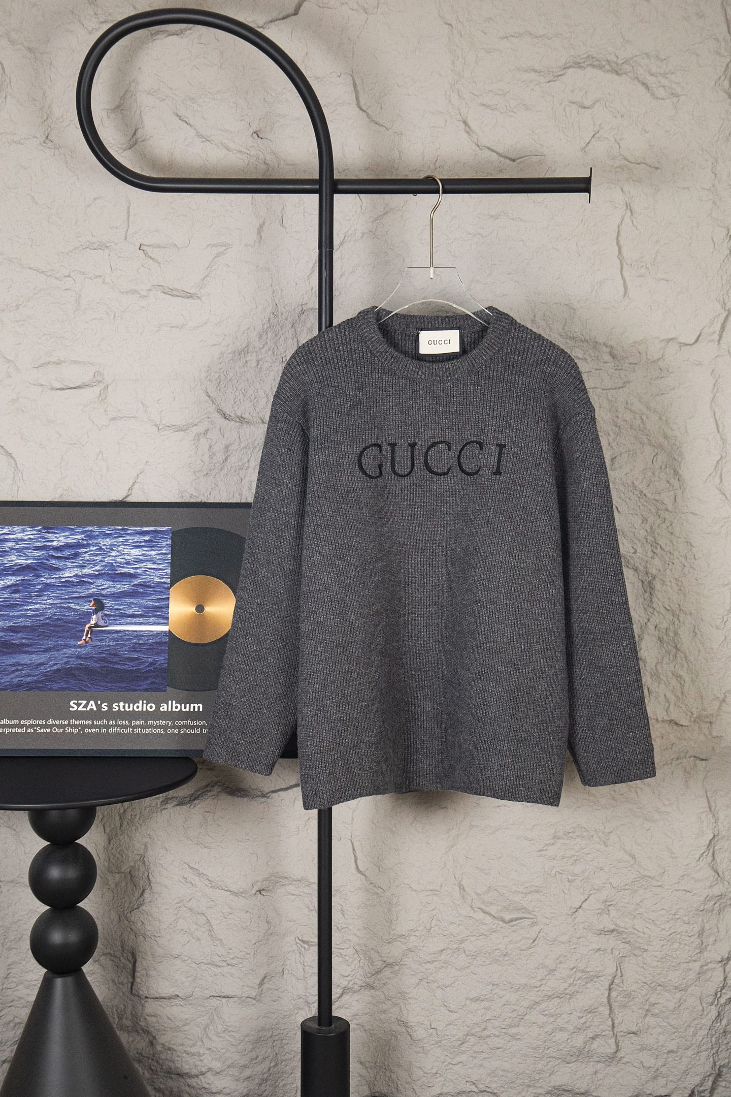 Long-sleeve knit sweater, dark gray, front GUCCI logo