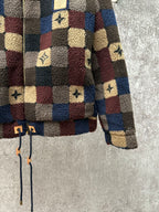 Long-sleeve check sherpa jacket, lower front hem with adjustable drawstring ties