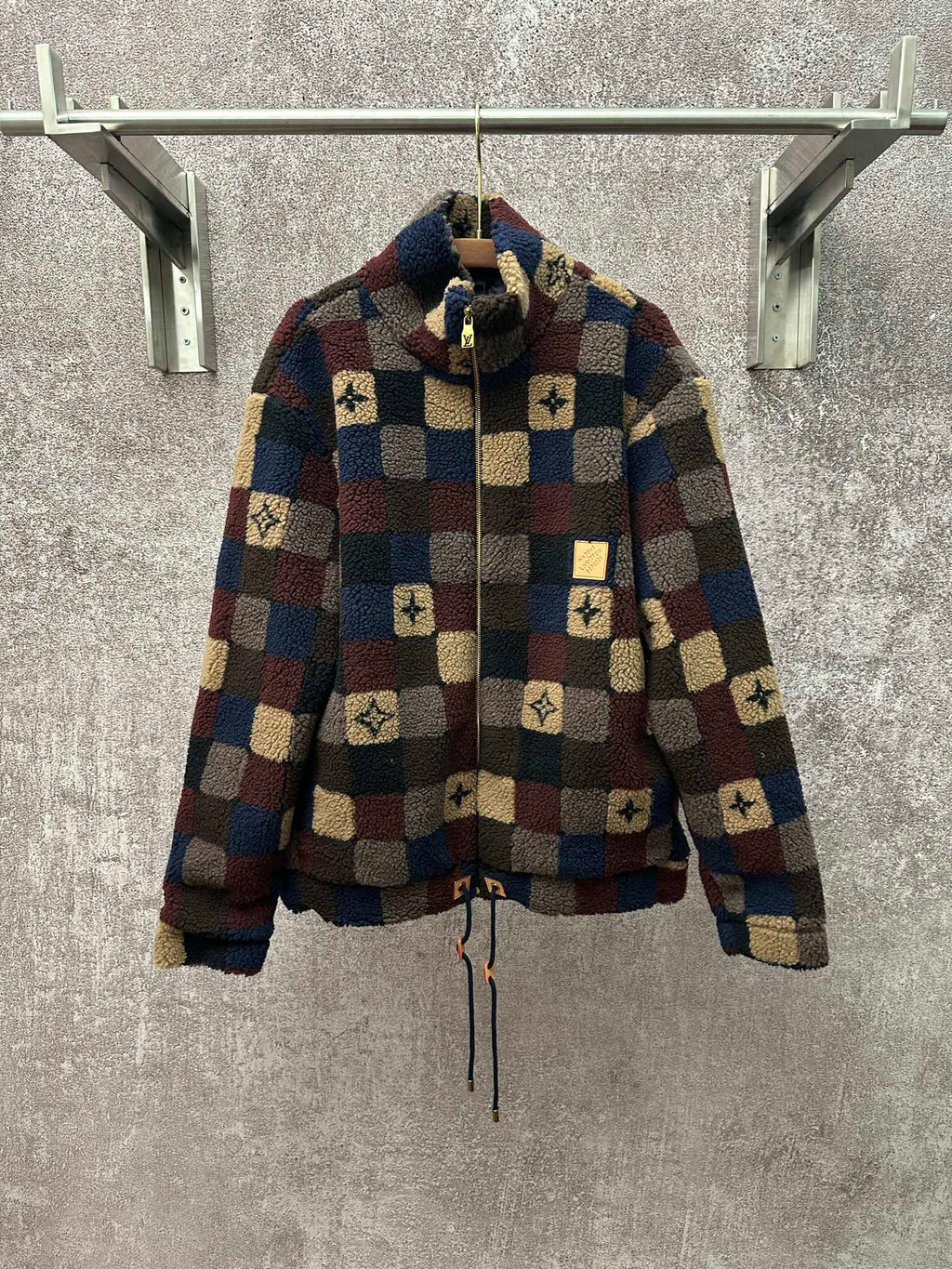 Long-sleeve check sherpa jacket with full zip and stand collar, multicolor