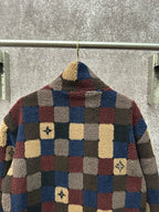 Long-sleeve check sherpa jacket back view, stand collar with hood detail