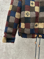 Long-sleeve check sherpa jacket, cuffs and hem with two drawstring ties