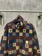 Long-sleeve check sherpa jacket with stand collar, front zipper, and patterned hood