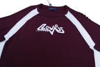 Burgundy raglan T-shirt with white chevron shoulders and front logo