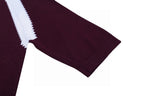 Burgundy short-sleeve T-shirt with white chevron stripe at the hem