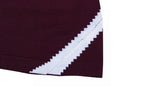 Burgundy T-shirt with white chevron trim along the sleeve and side