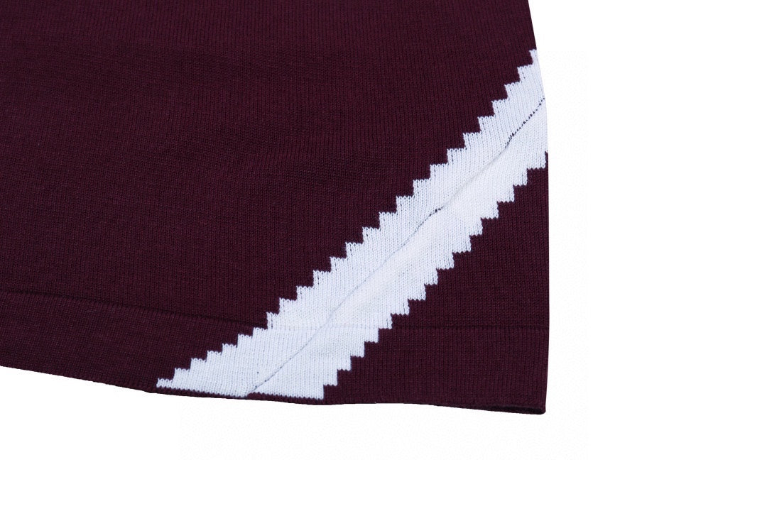 Burgundy T-shirt with white chevron trim along the sleeve and side