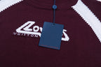 Burgundy T-shirt with front logo graphic and white chevron knit trim