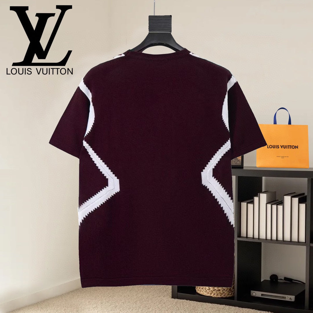 Burgundy raglan T-shirt with white chevron trim on the back