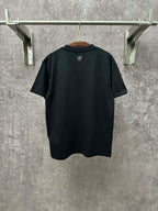 Dark T-shirt with crew neck and small crest logo at upper back