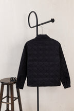 Black quilted long-sleeve jacket back view with stand collar, on hanger